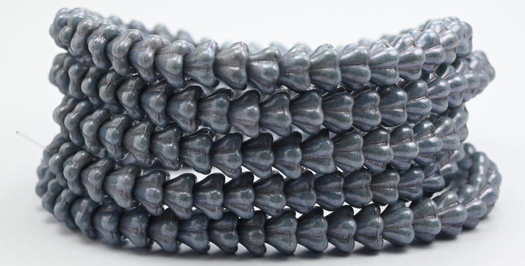 Bell Flower Pressed Glass Beads, White Luster Blue Full Coated (02010-14464), Glass, Czech Republic ~ STRANDED