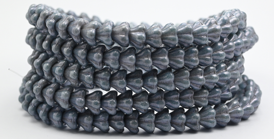 Bell Flower Pressed Glass Beads, White Luster Blue Full Coated (02010-14464), Glass, Czech Republic ~ STRANDED