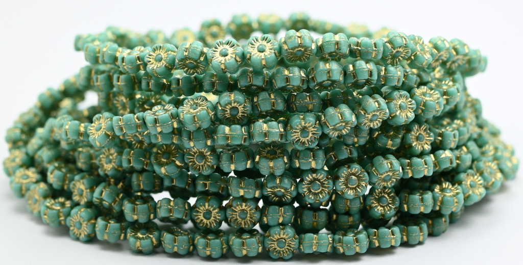 ハワイの花の押しガラスビーズ、不透明グリーンゴールドライン（53130-54202）、ガラス、チェコ共和国～STRANDED