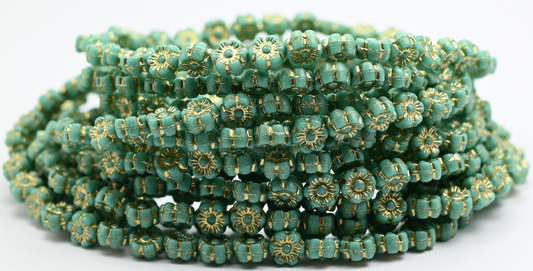 ハワイの花の押しガラスビーズ、不透明グリーンゴールドライン（53130-54202）、ガラス、チェコ共和国～STRANDED