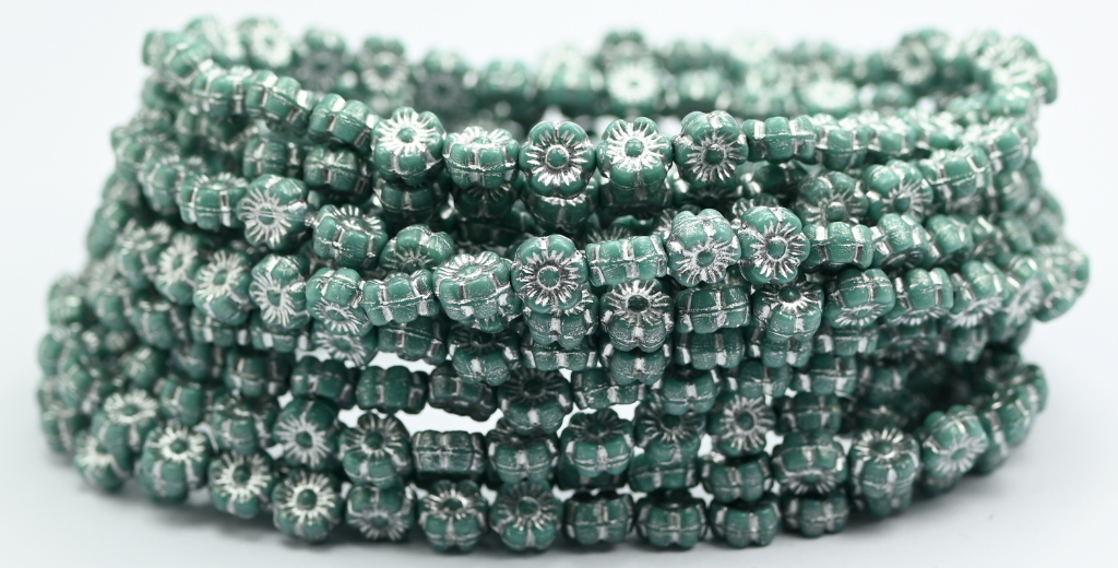 Hawaii Flower Pressed Glass Beads, Opaque Green Silver Lined (53130-54201), Glass, Czech Republic ~ STRANDED