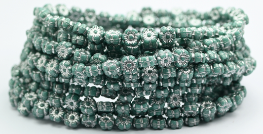 Hawaii Flower Pressed Glass Beads, Opaque Green Silver Lined (53130-54201), Glass, Czech Republic ~ STRANDED