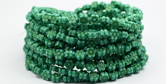 ハワイフラワープレスガラスビーズ、不透明グリーン 54550 (53130-54550)、ガラス、チェコ共和国 ~ STRANDED