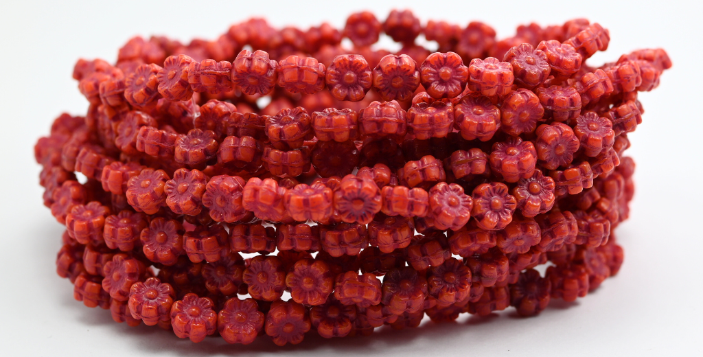 ハワイの花の押しガラスビーズ、オパールレッド、赤のライン入り（91240-46490）、ガラス、チェコ共和国～STRANDED