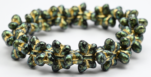 Simple Butterfly Pressed Glass Beads, Black Green Iridiscent Gold Lined (23980-86922-54202), Glass, Czech Republic ~ STRANDED