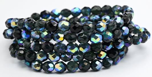Fire Polished Round Faceted Beads, Mixed Colors Blue Green Black Ab (MIX-BLUE-GREEN-BLACK-AB), Glass, Czech Republic ~ STRANDED