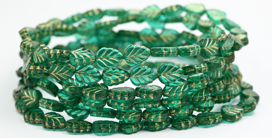 丁香叶压花玻璃珠，透明翠绿色镶金边 (50720-54202)，玻璃，捷克共和国 ~ 串珠