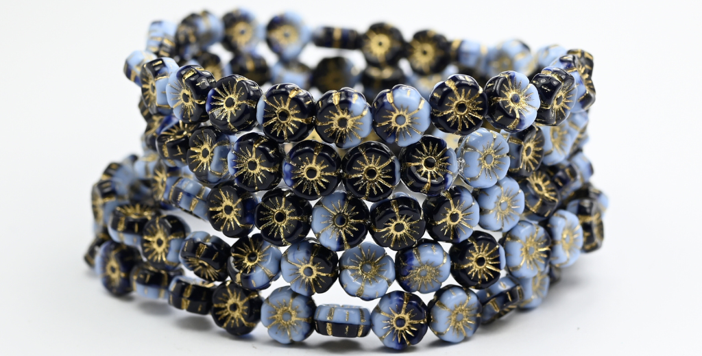 ハワイフラワー プレスガラスビーズ、330133400 ゴールドライン (330133400-54202)、ガラス、チェコ共和国 ~ STRANDED