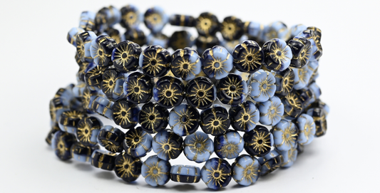 ハワイフラワー プレスガラスビーズ、330133400 ゴールドライン (330133400-54202)、ガラス、チェコ共和国 ~ STRANDED