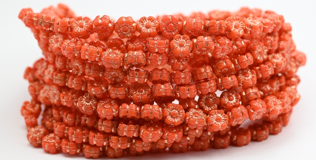 夏威夷花卉压花玻璃珠，蛋白石红铜内衬（91240-54200），玻璃，捷克共和国 ~ 串珠