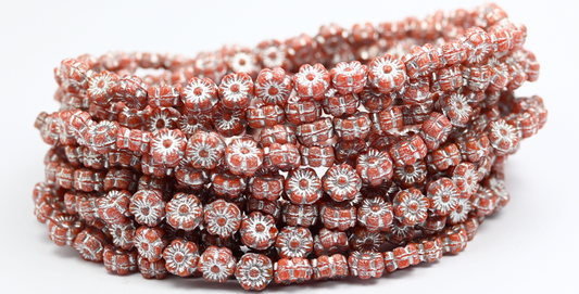 Hawaii Flower Pressed Glass Beads, Opal Red Silver Lined (91240-54201), Glass, Czech Republic ~ STRANDED