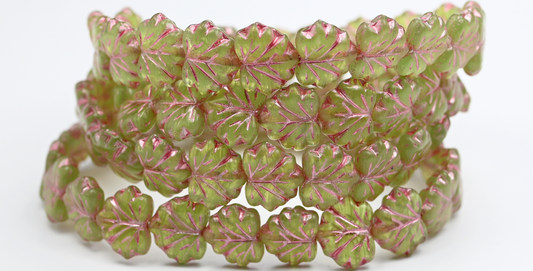 メープルリーフビーズ、オパールグリーンピンクライン（51010-54321）、ガラス、チェコ共和国～STRANDED