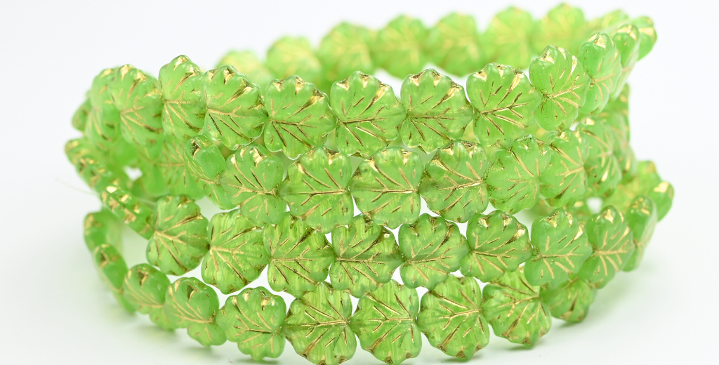 Maple Leaf Beads, Opal Green Gold Lined (51010-54202), Glass, Czech Republic ~ STRANDED