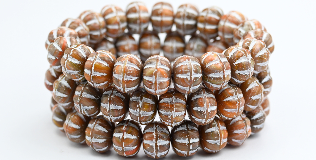 Pumpkin Beads, Mixed Colors Brown White Lined (MIX-BROWN-46401), Glass, Czech Republic ~ STRANDED