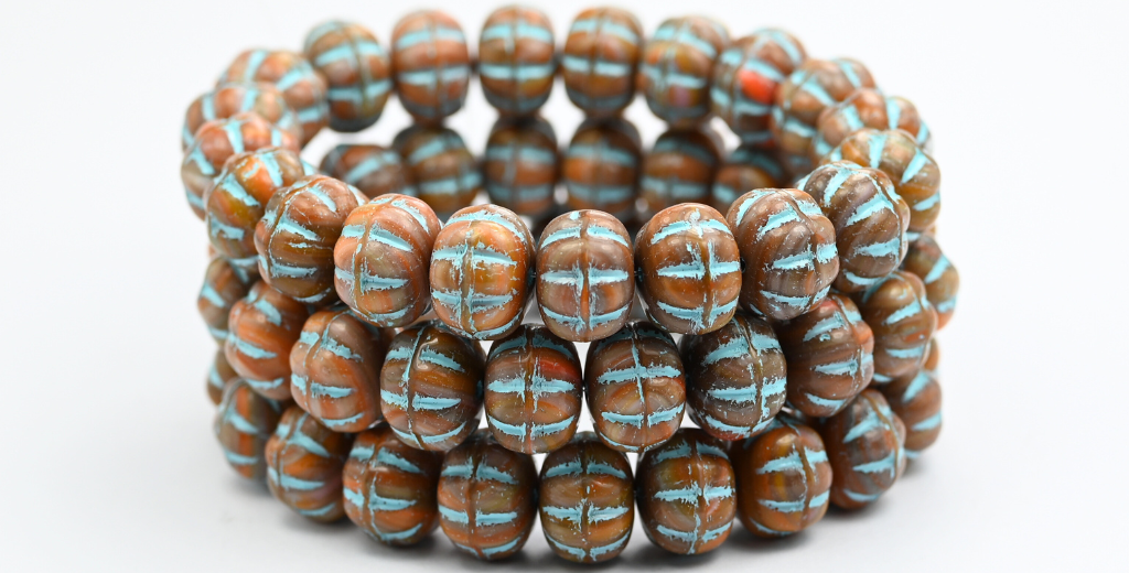 Pumpkin Beads, Mixed Colors Brown Light Blue Lined (MIX-BROWN-54308), Glass, Czech Republic ~ STRANDED