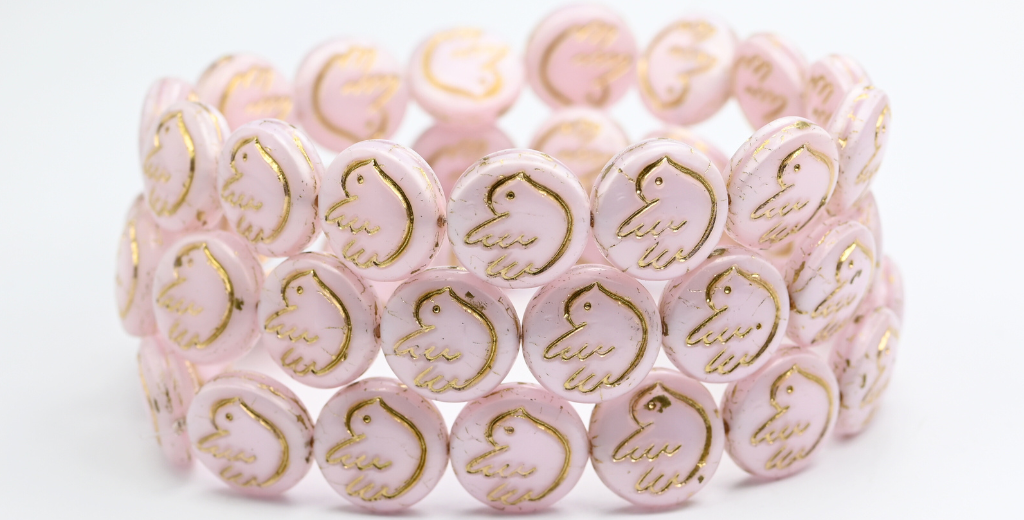 OUTLET 10  grams Round Flat Beads With Bird, 14 x 14 mm, Opal Pink Gold Lined (71200-54202), Glass, Czech Republic