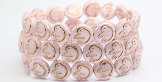 OUTLET 10  grams Round Flat Beads With Bird, 14 x 14 mm, Opal Pink Gold Lined (71200-54202), Glass, Czech Republic