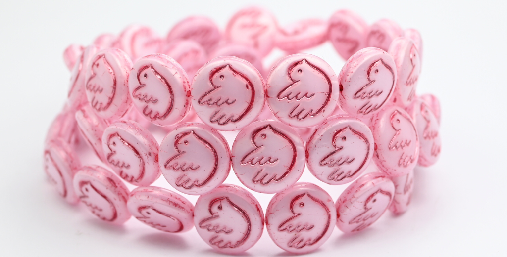 鳥の模様が入った丸いフラットビーズ、オパールピンク（71200-54321）、ガラス、チェコ共和国～STRANDED