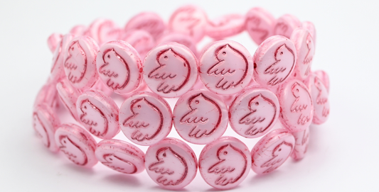 鳥の模様が入った丸いフラットビーズ、オパールピンク（71200-54321）、ガラス、チェコ共和国～STRANDED