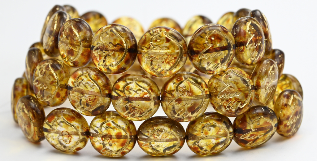 鳥の模様が入ったラウンドフラットビーズ、クリスタルトラバーチンゴールドライン（00030-86-54202）、ガラス、チェコ共和国～STRANDED