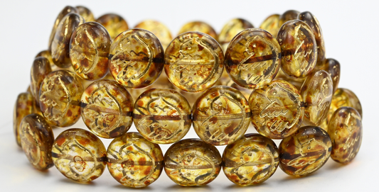 鳥の模様が入ったラウンドフラットビーズ、クリスタルトラバーチンゴールドライン（00030-86-54202）、ガラス、チェコ共和国～STRANDED