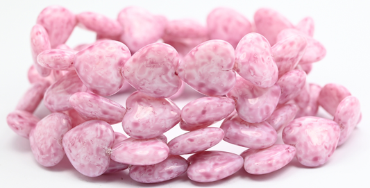 Heart Pressed Glass Beads, White Light Fuchsia Pink (02010-34306), Glass, Czech Republic ~ STRANDED