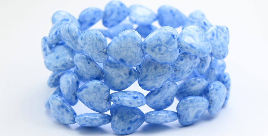 Heart Pressed Glass Beads, White Light Blue (02010-34307), Glass, Czech Republic ~ STRANDED