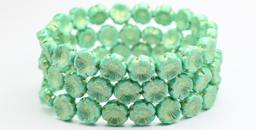 ハワイアンフラワー プレスガラスビーズ、ホワイトライトターコイズゴールドライン（02010-34309-54202）、ガラス、チェコ共和国～STRANDED