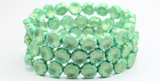 ハワイアンフラワー プレスガラスビーズ、ホワイトライトターコイズゴールドライン（02010-34309-54202）、ガラス、チェコ共和国～STRANDED