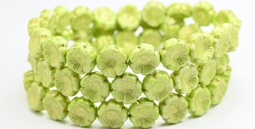 ハワイフラワー押しガラスビーズ、ホワイトライトグリーンゴールドライン（02010-34310-54202）、ガラス、チェコ共和国～STRANDED