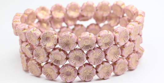 Hawaii Flower Pressed Glass Beads, White Light Fuchsia Pink Gold Lined (02010-34306-54202), Glass, Czech Republic ~ STRANDED