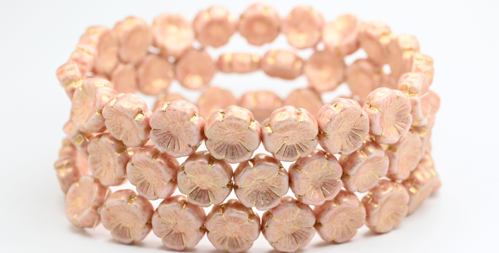 ハワイアンフラワー プレスガラスビーズ、ホワイトライトピンクゴールドライン（02010-34304-54202）、ガラス、チェコ共和国～STRANDED