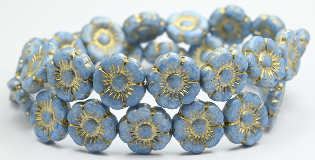 圆形扁平压花玻璃珠，白色浅蓝色金边（02010-34307-54202），玻璃，捷克共和国 ~ 串珠