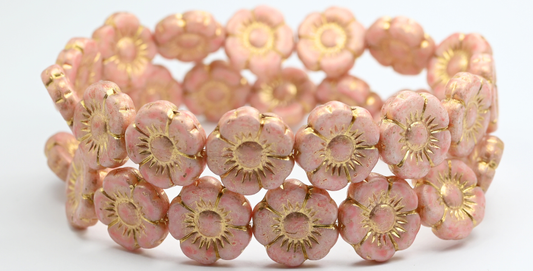 Round Flat Flower Pressed Glass Beads, White Light Pink Gold Lined (02010-34304-54202), Glass, Czech Republic ~ STRANDED