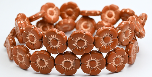Round Flat Flower Pressed Glass Beads, Opaque Brown Copper Lined (13600-54200), Glass, Czech Republic ~ STRANDED
