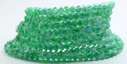 Bell Flower Pressed Glass Beads, White 50600 Light Blue Lined (02010-50600-54308), Glass, Czech Republic ~ STRANDED