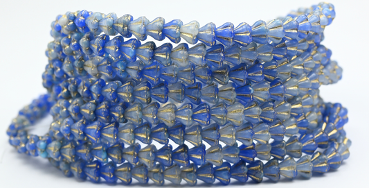 Bell Flower Pressed Glass Beads, Blue Mixed Glass Gold Lined (07324-54202), Glass, Czech Republic ~ STRANDED