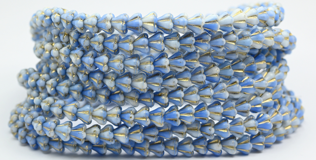 Bell Flower Pressed Glass Beads, Light Sky Blue Gold Lined (07314-54202), Glass, Czech Republic ~ STRANDED