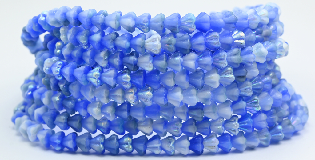 Bell Flower Pressed Glass Beads, Blue Mixed Glass Ab (07324-AB), Glass, Czech Republic ~ STRANDED