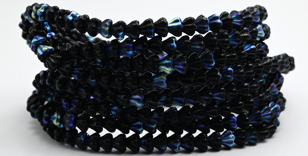 Bell Flower Pressed Glass Beads, Black Ab (23980-AB), Glass, Czech Republic ~ STRANDED