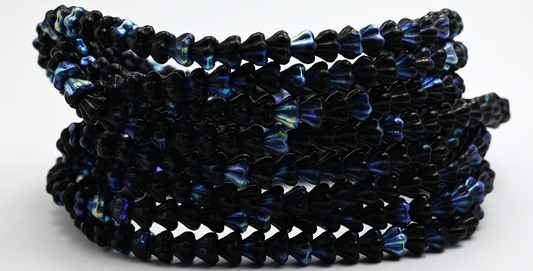 Bell Flower Pressed Glass Beads, Black Ab (23980-AB), Glass, Czech Republic ~ STRANDED