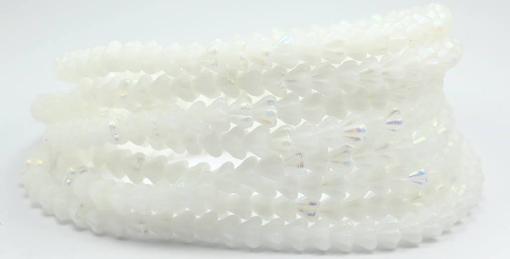 Bell Flower Pressed Glass Beads, Opal White Ab (01000-AB), Glass, Czech Republic ~ STRANDED