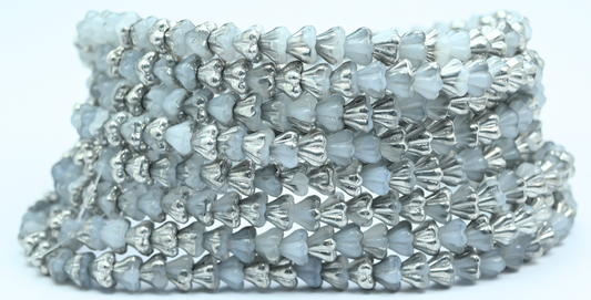 Bell Flower Pressed Glass Beads, Opal White Crystal Silver Half Coating (01000-27001), Glass, Czech Republic ~ STRANDED