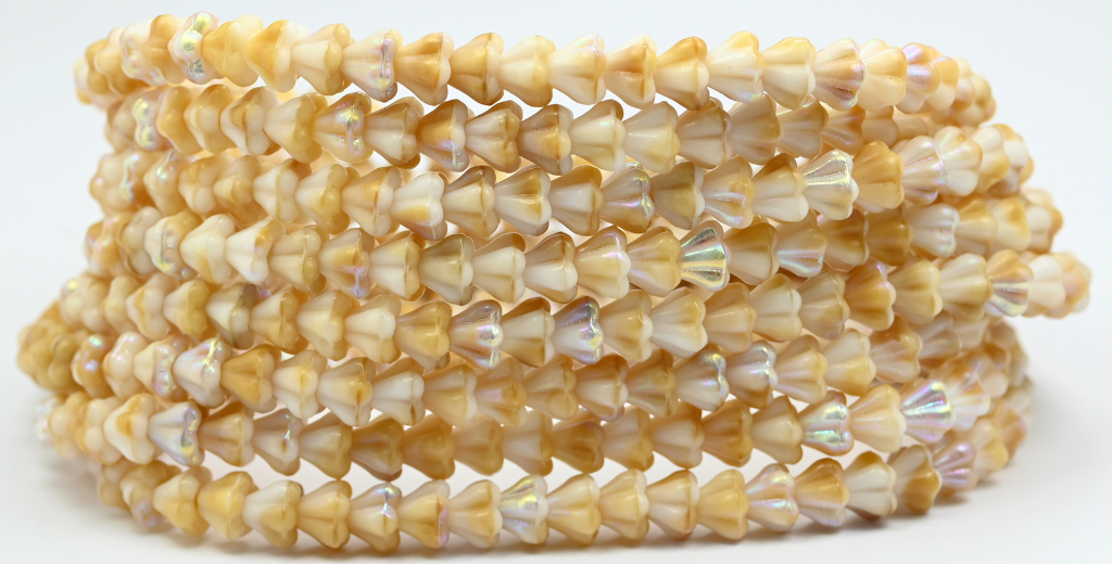 Bell Flower Pressed Glass Beads, Beige Ab (07104-AB), Glass, Czech Republic ~ STRANDED