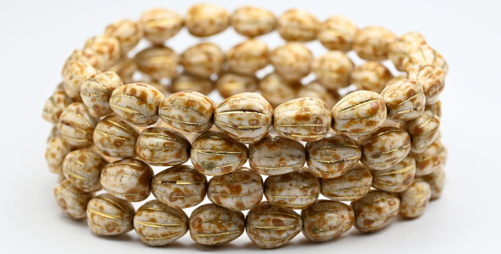 Drop Melon Beads, White Travertin Gold Lined (119-02010-86-54202), Glass, Czech Republic ~ STRANDED
