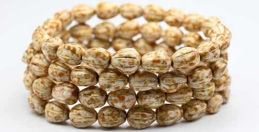 Drop Melon Beads, White Travertin Gold Lined (119-02010-86-54202), Glass, Czech Republic ~ STRANDED