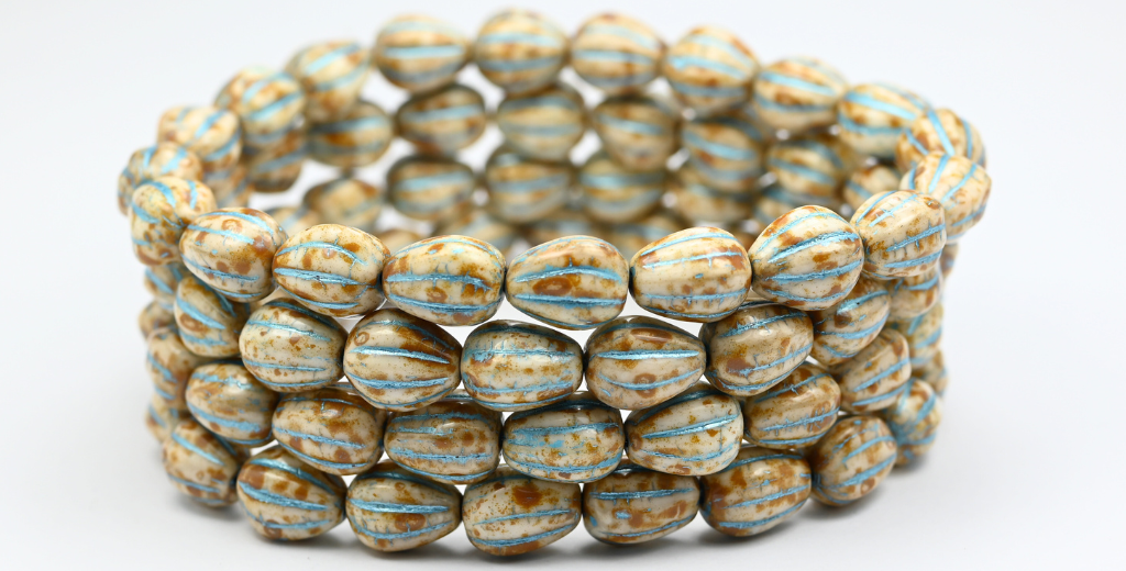 Drop Melon Beads, White Travertin Blue Lined (119-02010-86-54323), Glass, Czech Republic ~ STRANDED