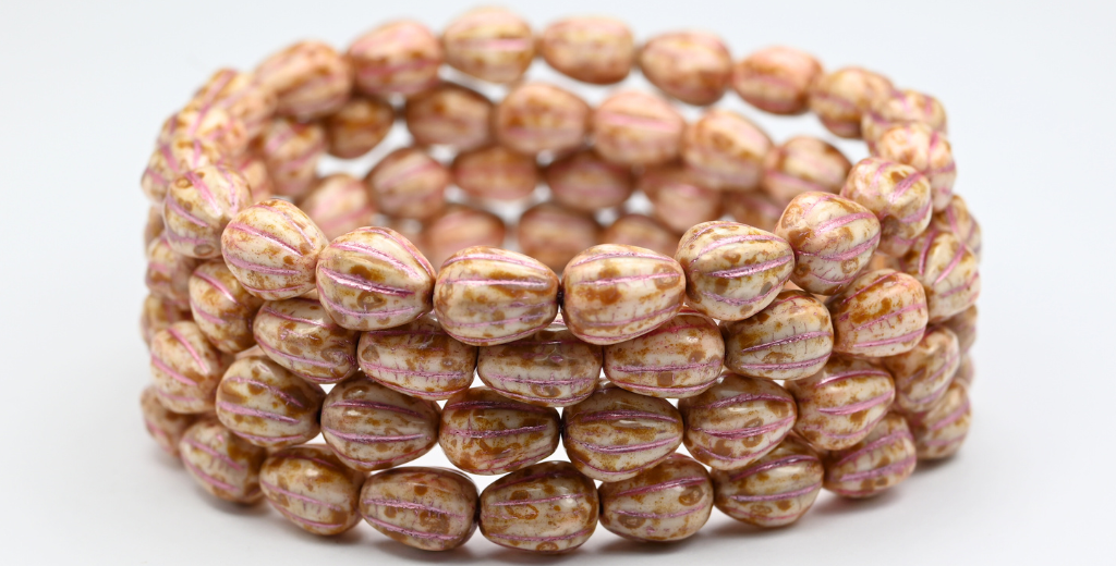 Drop Melon Beads, White Travertin Pink Lined (119-02010-86-54321), Glass, Czech Republic ~ STRANDED