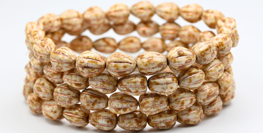 Drop Melon Beads, White Travertin Copper Lined (119-02010-86-54200), Glass, Czech Republic ~ STRANDED