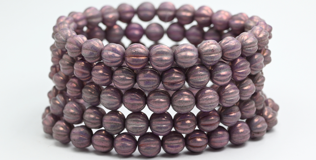 Melon Round Pressed Glass Beads With Stripes, White Purple (8-02010-15726), Glass, Czech Republic ~ STRANDED